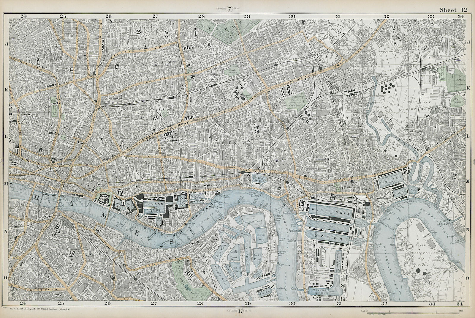 LONDON City East End Southwark Bethnal Green Docks Shoreditch. BACON  1906 map